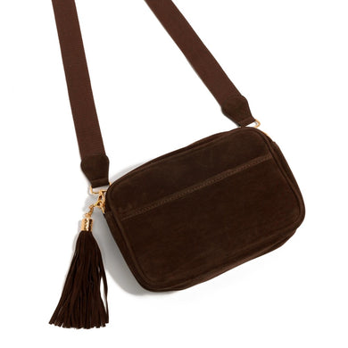 Solid Faux Suede Handbag With Matching Strap and Tassel Keychain- Dark Brown