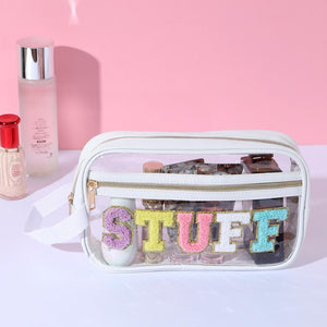 Chenille Patch Clear Makeup Bag With Front Pocket- STUFF