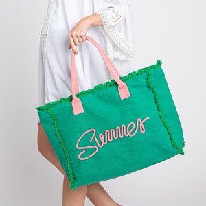 Pink And Green Sewn Rope 'Summer' Letter Fringed Canvas Tote Bag
