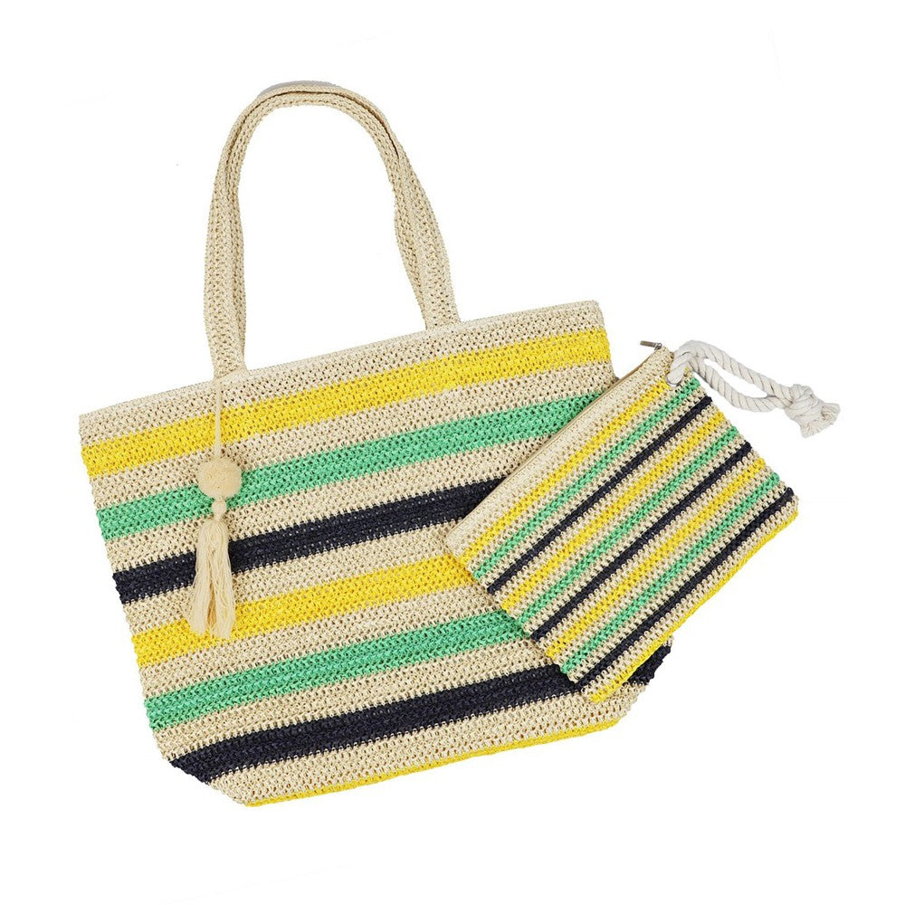 Pom Pom Tassel Striped Straw Crochet Tote Bag