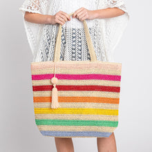 Load image into Gallery viewer, Pom Pom Tassel Striped Straw Crochet Tote Bag
