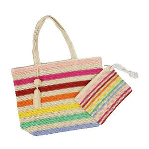 Pom Pom Tassel Striped Straw Crochet Tote Bag