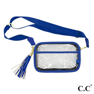 Clear Sling Bag With Royal Blue Faux Leather Tassel And Removable Straps