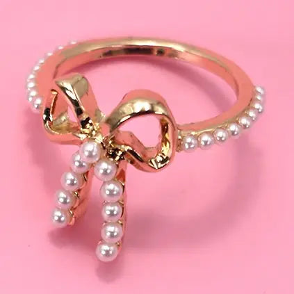 Gold Tone Pearl Bow Ribbon Ring