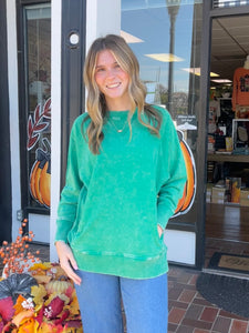 Kelly Green Acid Wash Pullover With Pockets