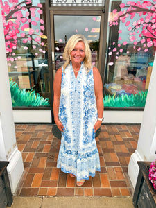 Blue Willow Toile Tiered Midi Dress
