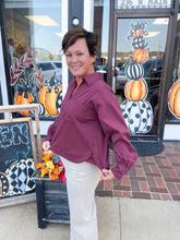 Load image into Gallery viewer, Wine Long Sleeve Collar Top