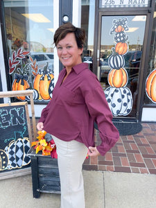Wine Long Sleeve Collar Top