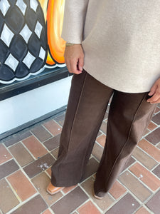 Brown High Rise Wide Leg Pants With Front Seam Detail