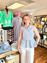 Load image into Gallery viewer, Blue Gingham Zip Front Peplum Top
