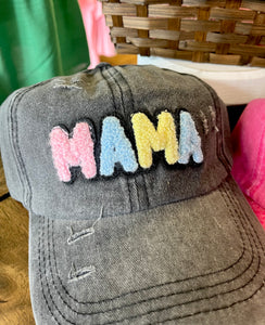 Distressed Black 'MAMA' Chenille Patch Baseball Cap