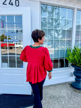 Load image into Gallery viewer, Ruby Red 3/4 Sleeve With Plaid Trim