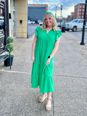 Ladies Kelly Green Collared Tiered Midi Dress