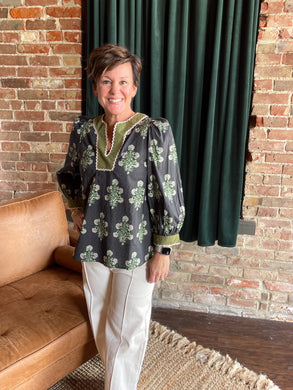 Floral Print Black & Green Accent V-neck Band Collar Top