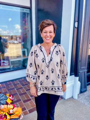 Latte Embroidered Fall Floral Blouse