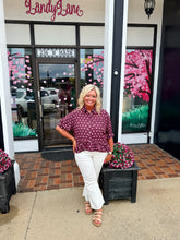 Load image into Gallery viewer, Wine &amp; Pink Polka Dot Ruffle Blouse