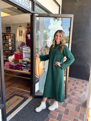 Pine Green Long Sleeve Mock Neck Midi Dress