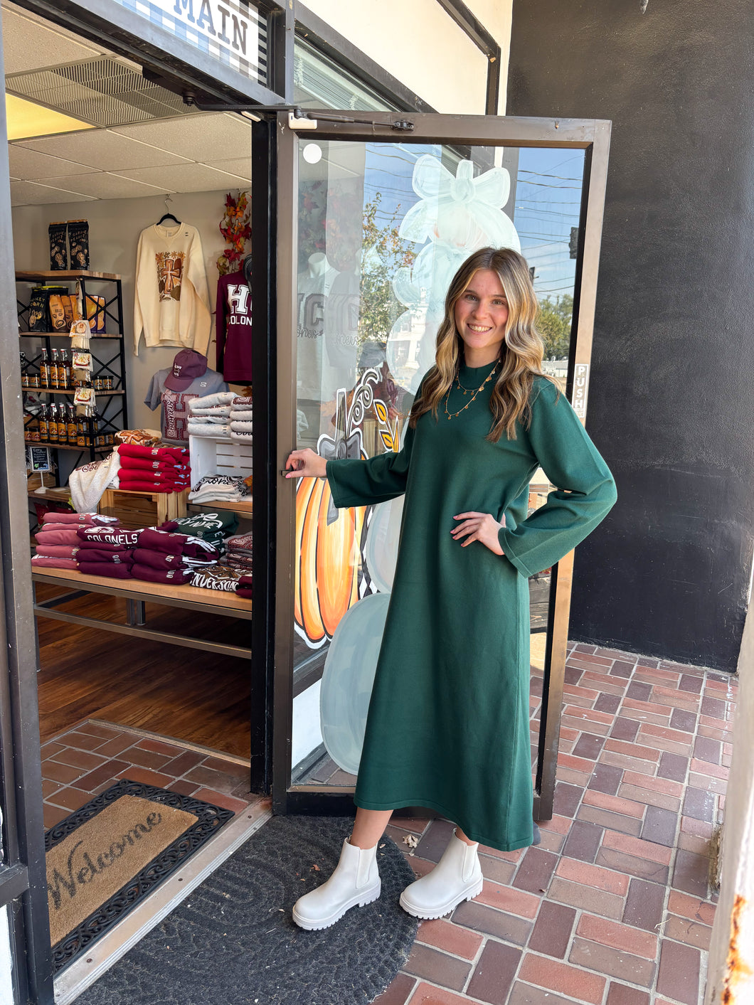 Pine Green Long Sleeve Mock Neck Midi Dress