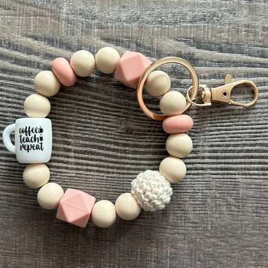 Silicone And Wood Bead Keychain Wristlet- Coffee Teach Repeat