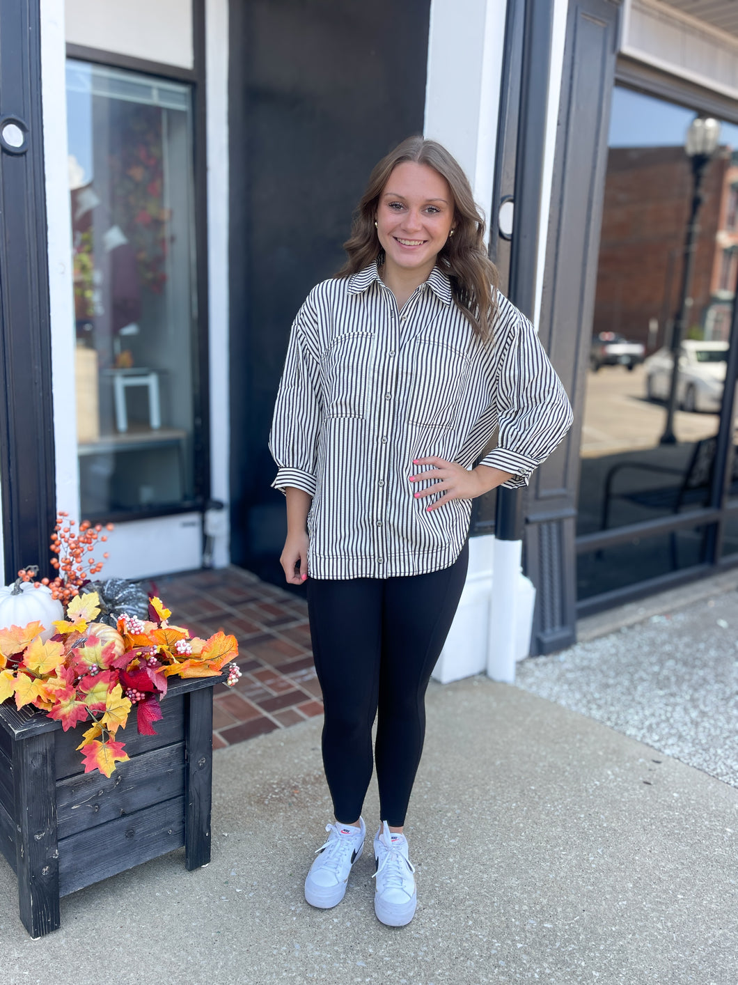 Black Textured Stripe ¾ Sleeve Top
