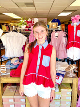 Load image into Gallery viewer, Red &amp; Blue Contrast Stripe Sleeveless Peplum Top
