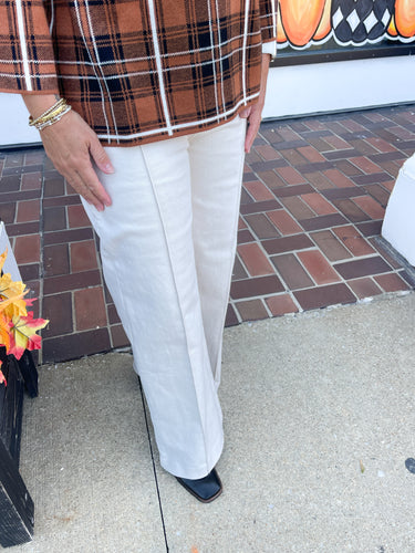 Ecru High Rise Wide Leg Pants With Front Seam Detail