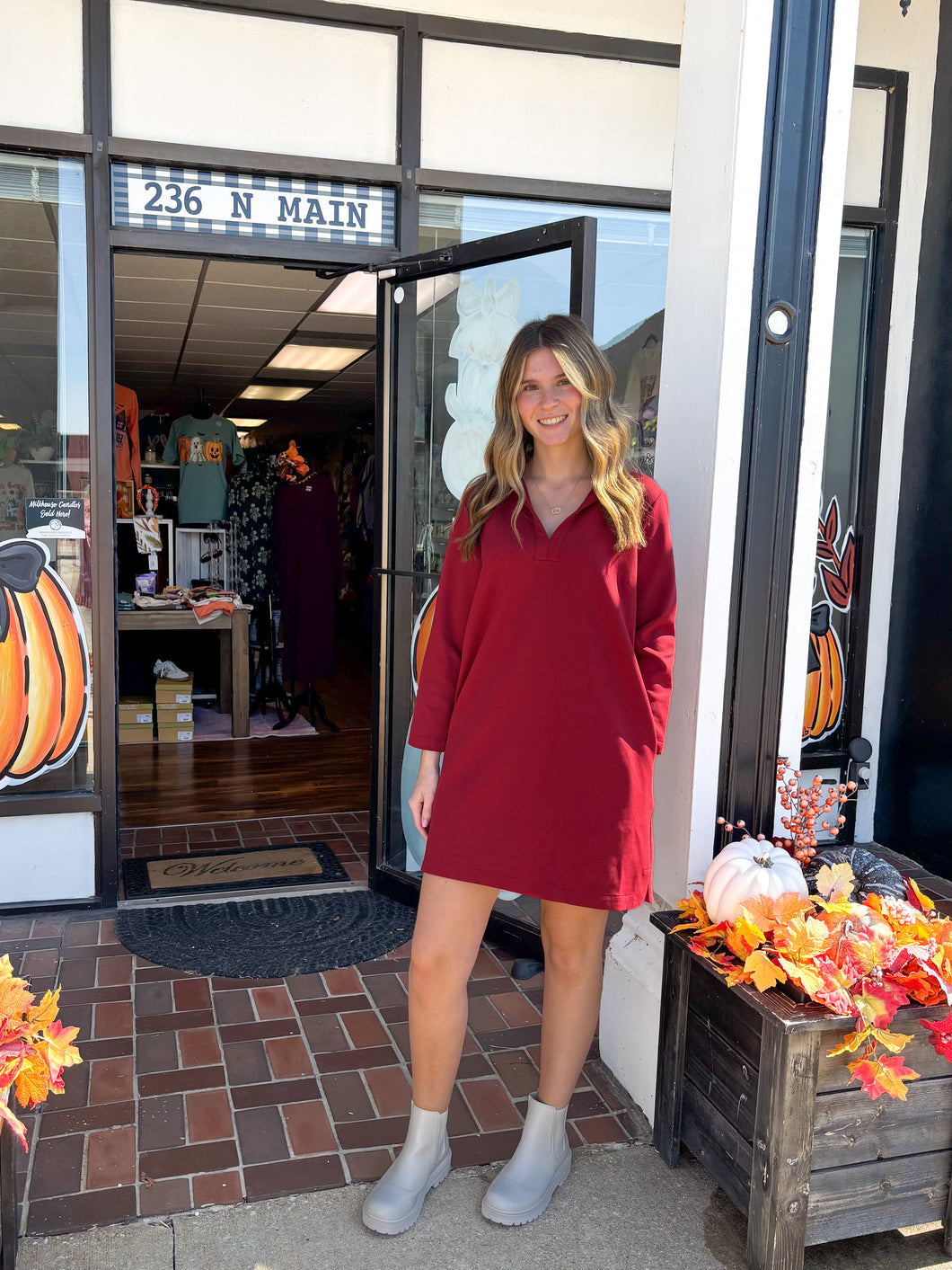 Garnet Long Sleeve Mini Dress With Side Pockets
