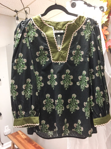 Floral Print Black & Green Accent V-neck Band Collar Top