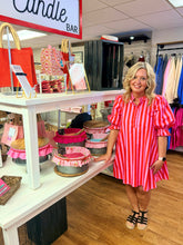 Load image into Gallery viewer, Pink &amp; Red Striped Puff Sleeve Dress With Pockets &amp; Back Tie