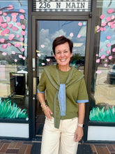Load image into Gallery viewer, Olive &amp; Blue Contrast Hooded Sweater Top