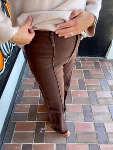 Brown High Rise Wide Leg Pants With Front Seam Detail