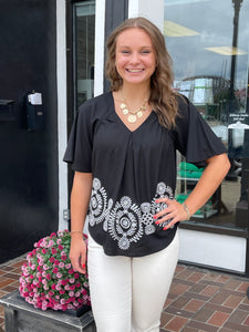 Embroidered Linen V-Neck Top