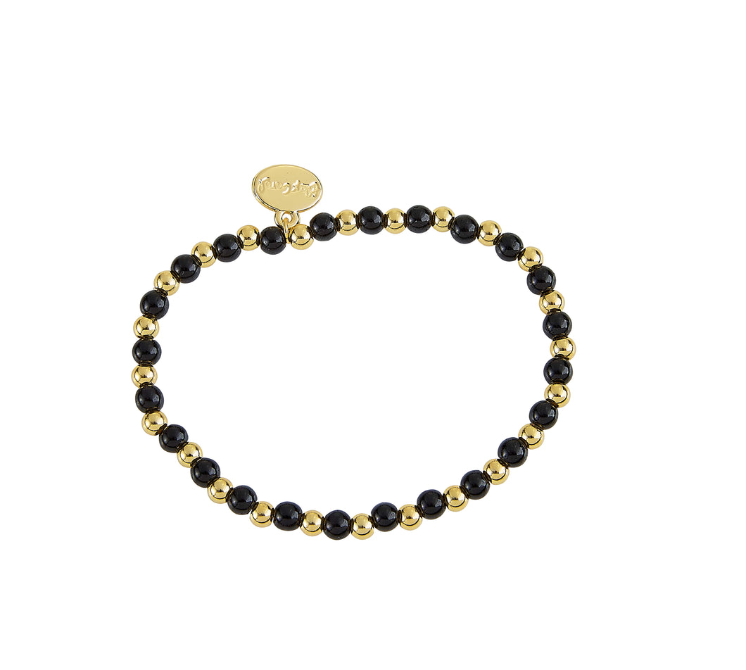 Black Glass Stone And Gold Ball Bead Stacker Stretch Bracelet- 4MM
