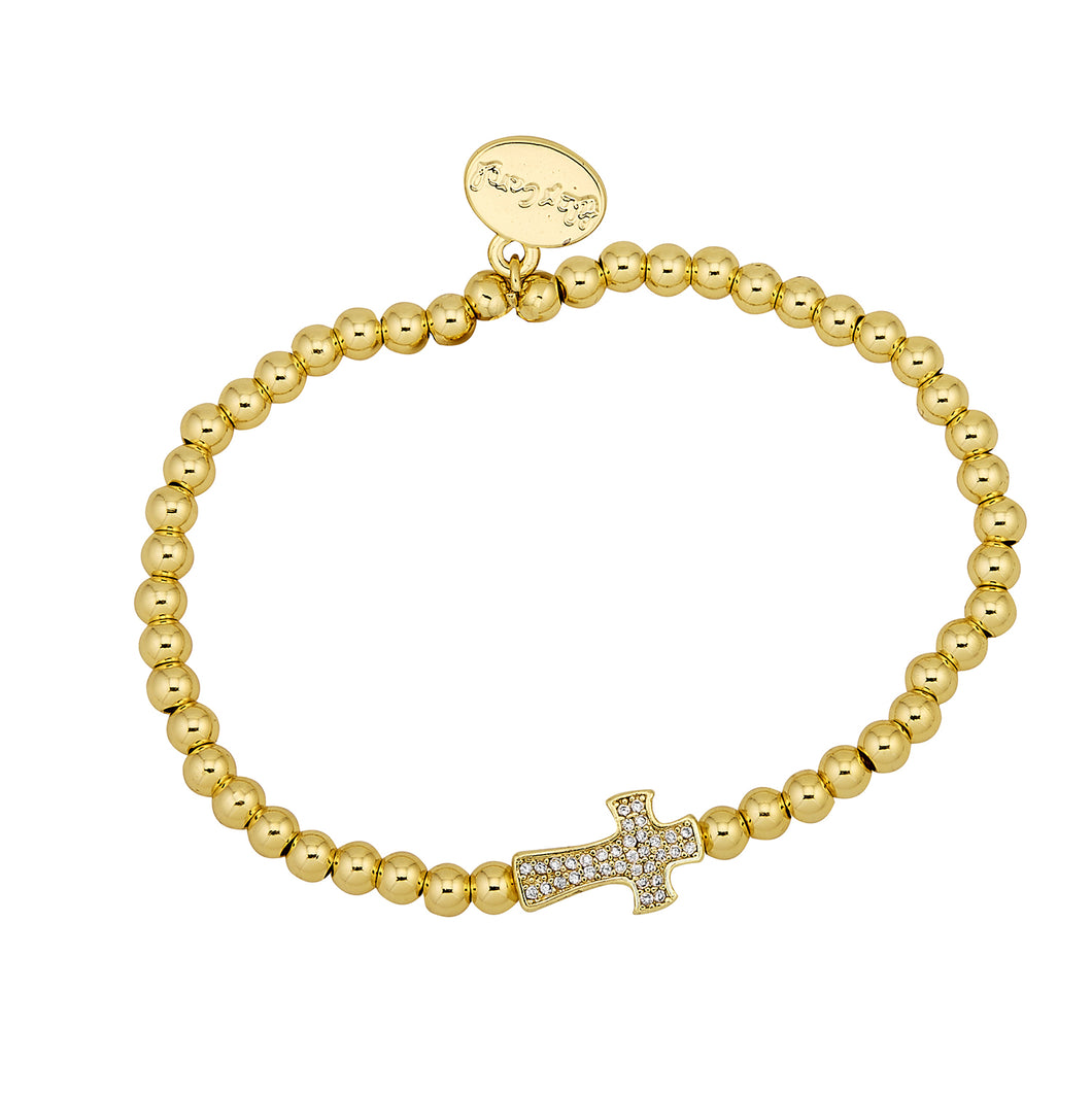 Gold Ball Bead With Cross Charm Stacker Stretch Bracelet- 4MM