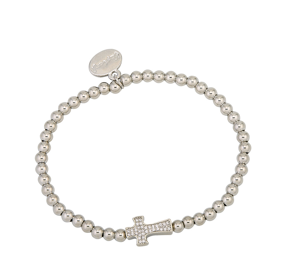 Silver Ball Bead With Cross Charm Stacker Stretch Bracelet- 4MM