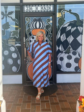 Load image into Gallery viewer, Blue &amp; Chocolate Stripe Midi Dress with Pockets