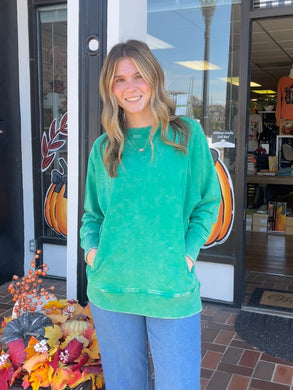 Kelly Green Acid Wash Pullover With Pockets