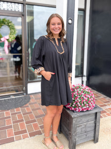 Black Tunic Dress with Leopard Trim