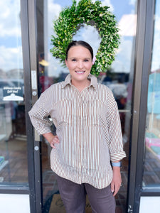 Brown Textured Stripe ¾ Sleeve Top