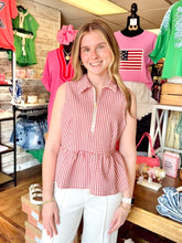 Load image into Gallery viewer, Red Gingham Zip Front Peplum Top