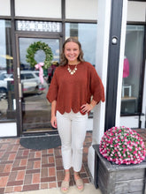Load image into Gallery viewer, 3/4 Sleeve Rust Scallop Detail Sweater