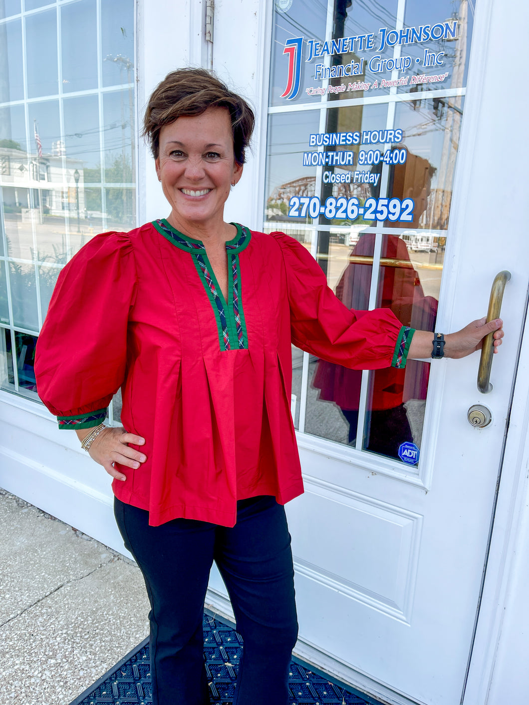 Ruby Red 3/4 Sleeve With Plaid Trim