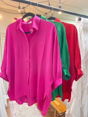 Holly Oversized Button Down Top- Pink/Green/Red