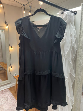 Ladies Black A-Line Dress With Flutter Sleeves & Side Pockets