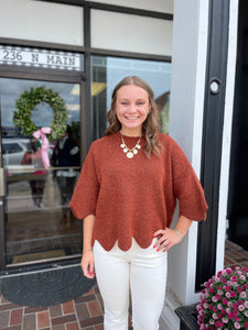 3/4 Sleeve Rust Scallop Detail Sweater