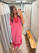 Load image into Gallery viewer, Pink &amp; Red Contrast Trim Midi Dress