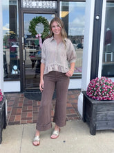 Load image into Gallery viewer, Brown Stripe ¾ Sleeve Ruffle Hem Top