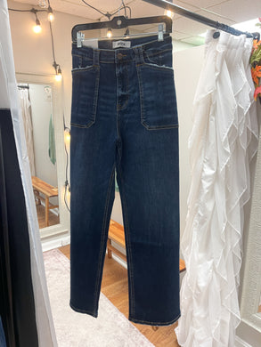 Parker High Rise Dark Wash Wide Leg Patch Pocket Jeans