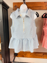 Load image into Gallery viewer, Blue Gingham Zip Front Peplum Top
