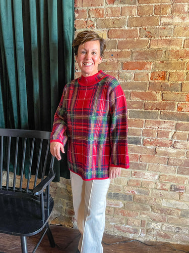 Plaid Mock Neck Red Sweater